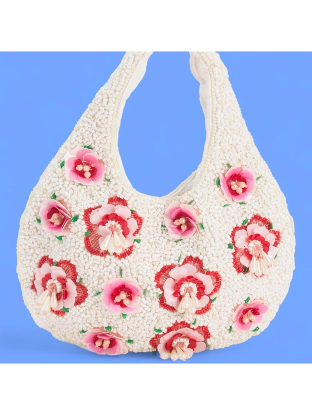 TikTok Viral Cream Pink Floral Flower Beaded Bag